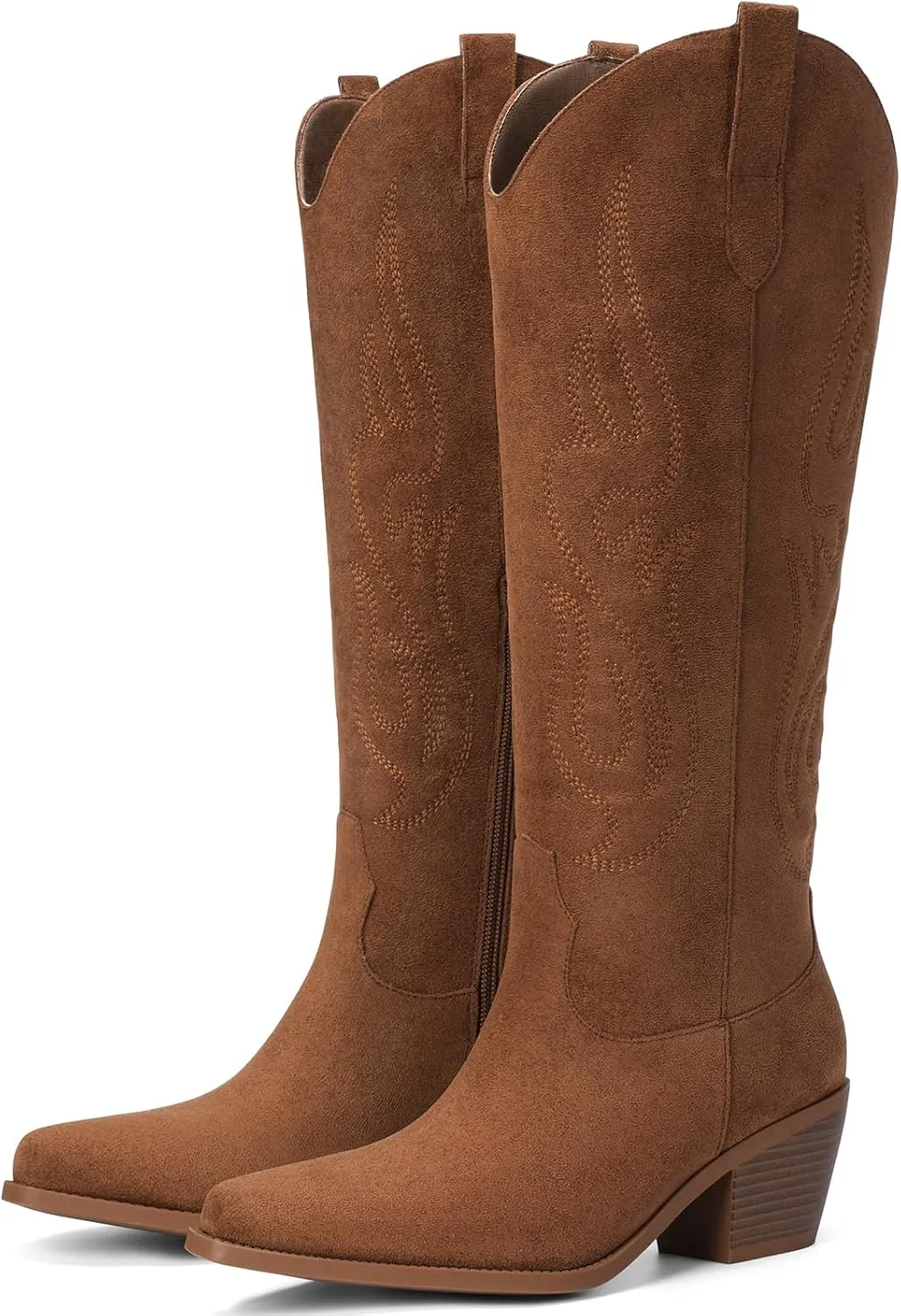 Pasuot Western Cowboy Boots for Women - Knee High Wide Calf Cowgirl Boots with Classic Embroidered, Slip On Pointed Toe Chunky Heel Fashion Retro Classic Pull On Tall Boot for Girls Ladies Fall Winter