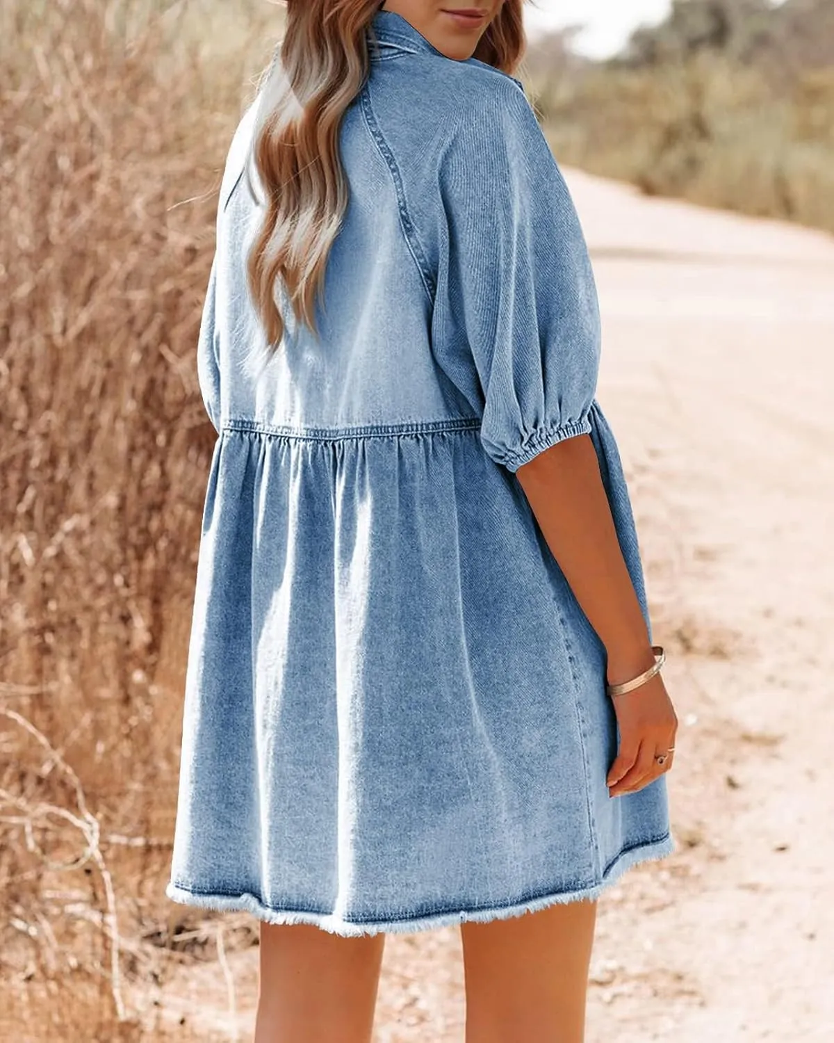 Pepochic Womens Summer Denim Dress Button Down Short Sleeve Babydoll Dress Puff Sleeve Flowy Jean Dress