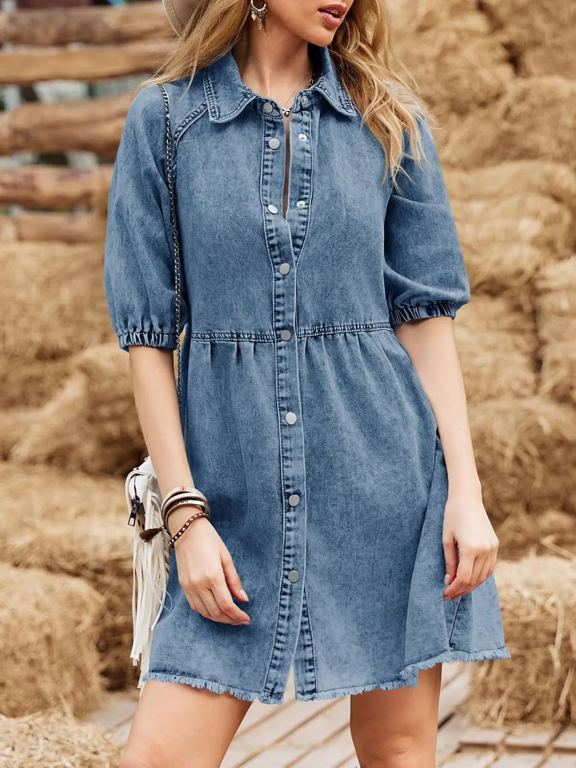 Pepochic Womens Summer Denim Dress Button Down Short Sleeve Babydoll Dress Puff Sleeve Flowy Jean Dress