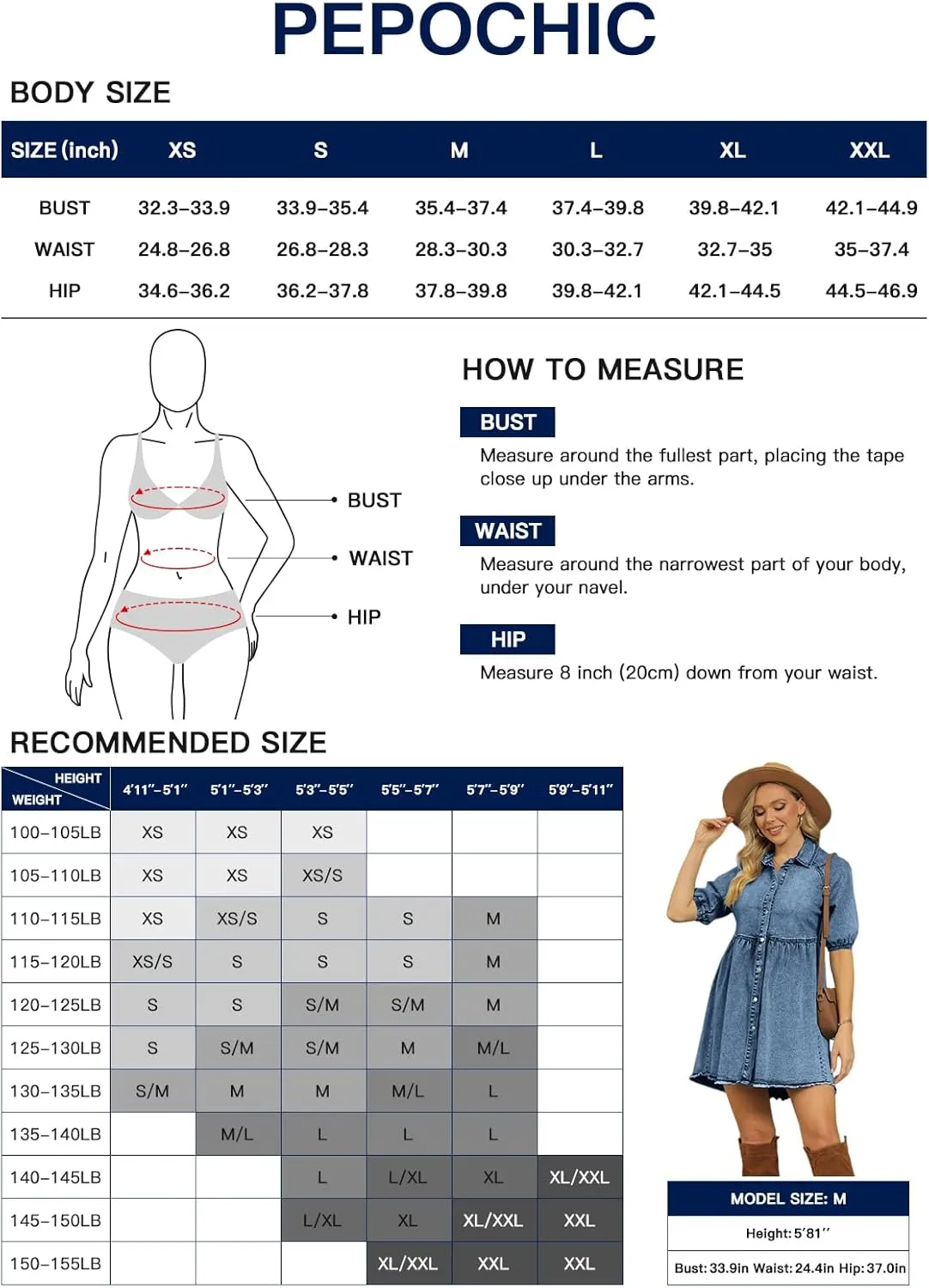 Pepochic Womens Summer Denim Dress Button Down Short Sleeve Babydoll Dress Puff Sleeve Flowy Jean Dress
