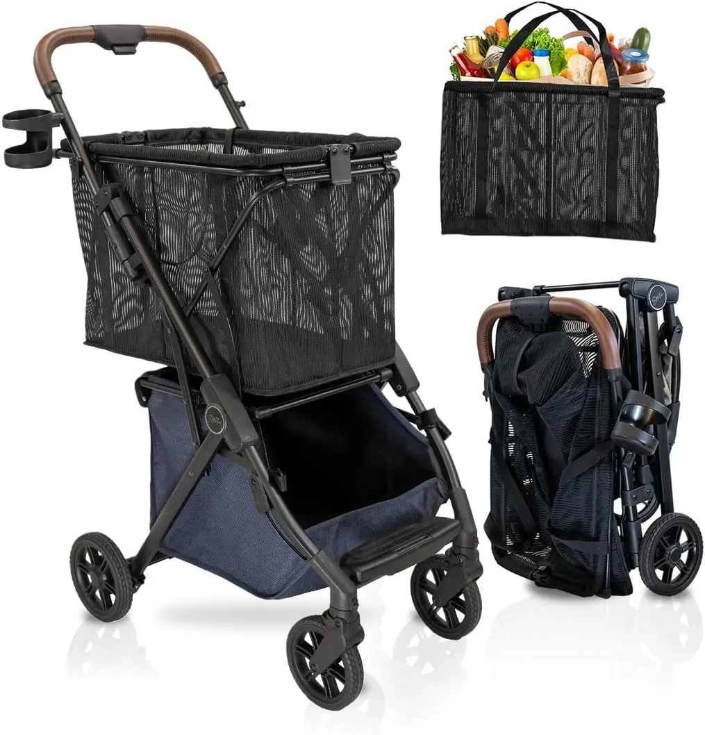 Personal Luxury Folding Shopping Cart On Premium Wheels – Ultra Lightweight Aluminum Frame – Removable Shopping Bag with Carry Strap & Lower Grocery Storage 75Lbs Capacity (Blue v2)