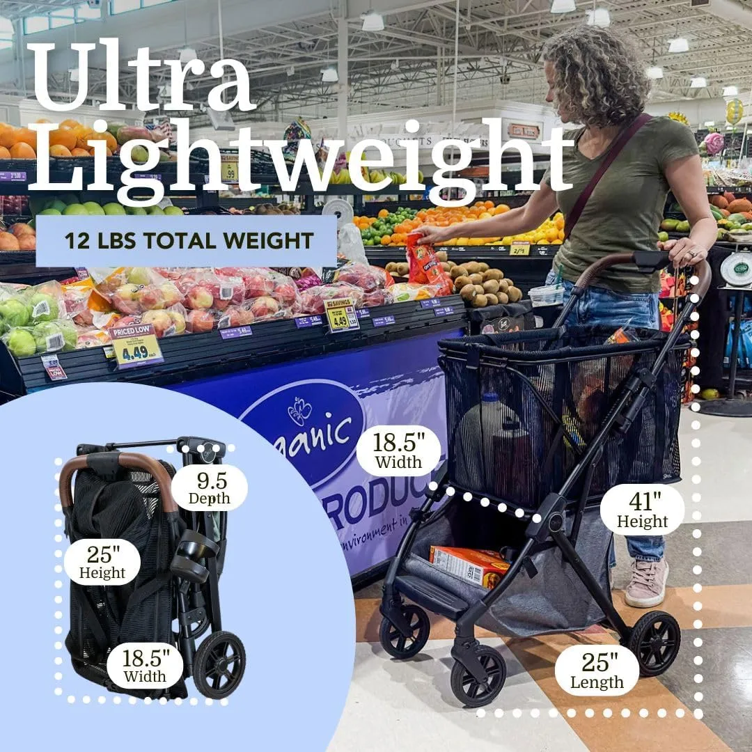 Personal Luxury Folding Shopping Cart On Premium Wheels – Ultra Lightweight Aluminum Frame – Removable Shopping Bag with Carry Strap & Lower Grocery Storage 75Lbs Capacity (Blue v2)
