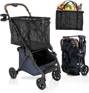 Personal Luxury Folding Shopping Cart On Premium Wheels – Ultra Lightweight Aluminum Frame – Removable Shopping Bag with Carry Strap & Lower Grocery Storage 75Lbs Capacity (Blue v2)