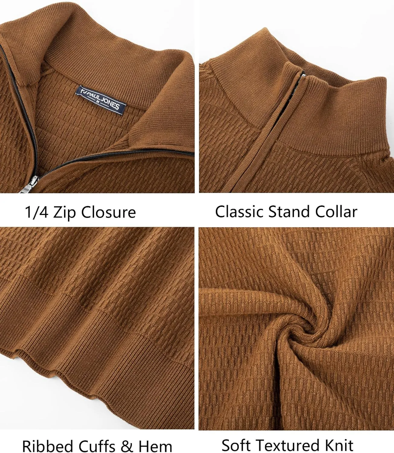 PJ PAUL JONES Men's Quarter Zip Sweaters Slim Fit Long Sleeve Casual Pullover Sweater Knit Textured Mock Neck Polo Sweaters