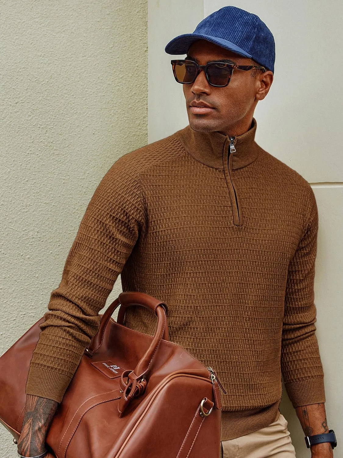 PJ PAUL JONES Men's Quarter Zip Sweaters Slim Fit Long Sleeve Casual Pullover Sweater Knit Textured Mock Neck Polo Sweaters