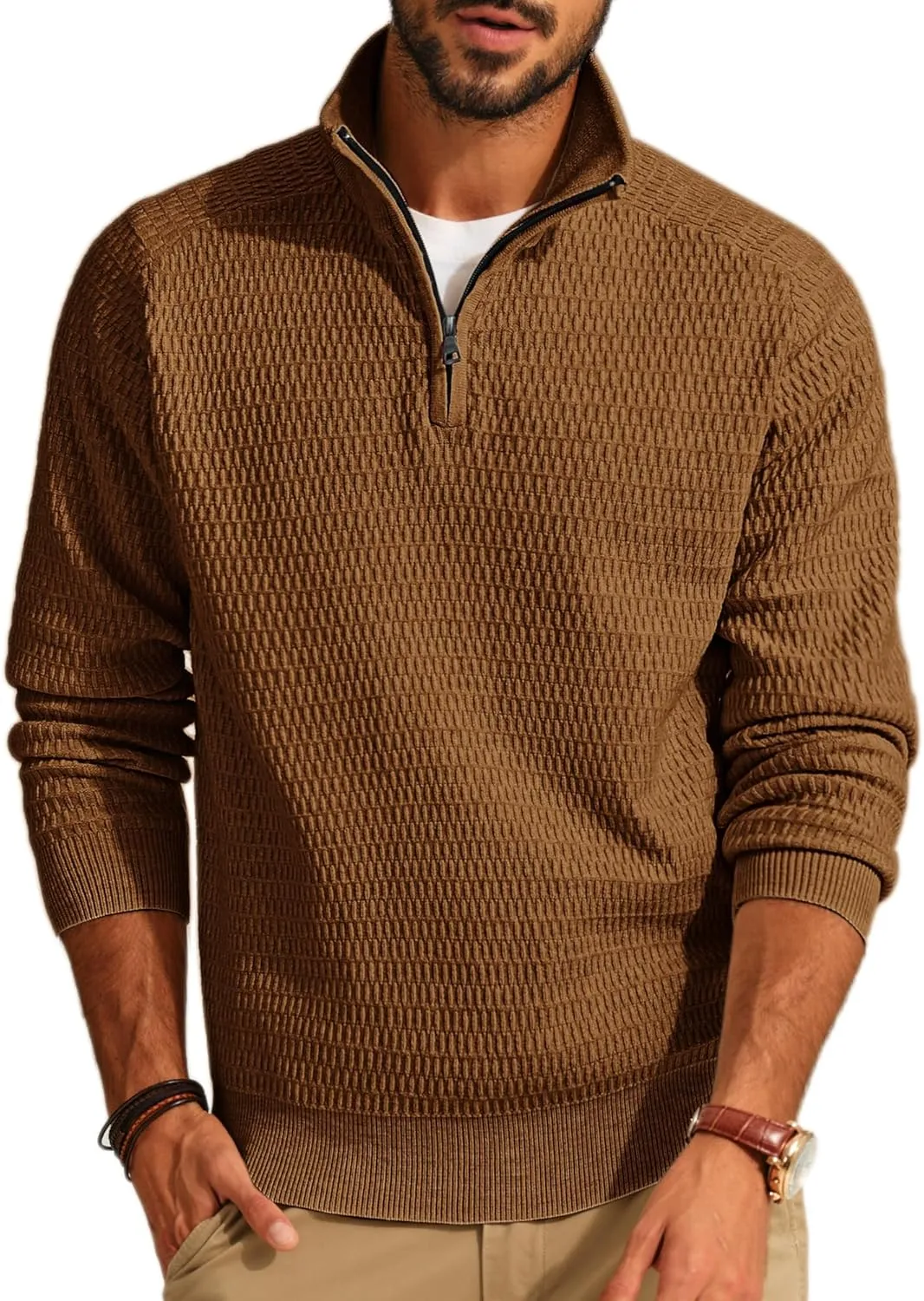 PJ PAUL JONES Men's Quarter Zip Sweaters Slim Fit Long Sleeve Casual Pullover Sweater Knit Textured Mock Neck Polo Sweaters