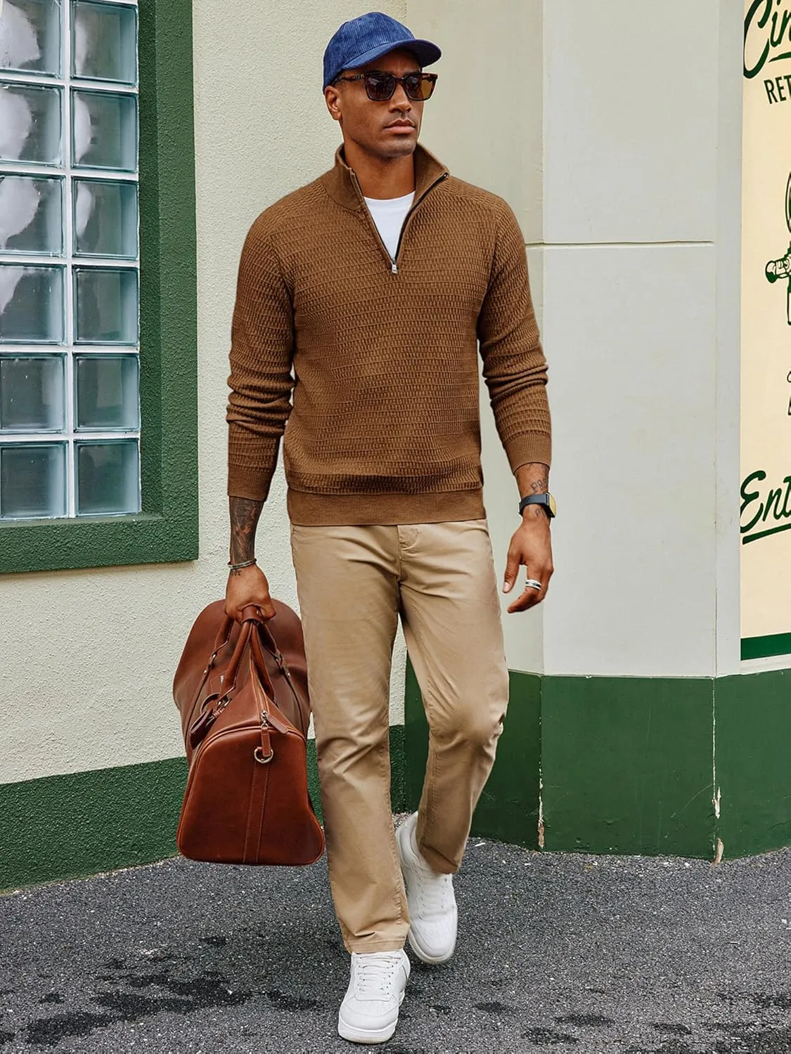 PJ PAUL JONES Men's Quarter Zip Sweaters Slim Fit Long Sleeve Casual Pullover Sweater Knit Textured Mock Neck Polo Sweaters