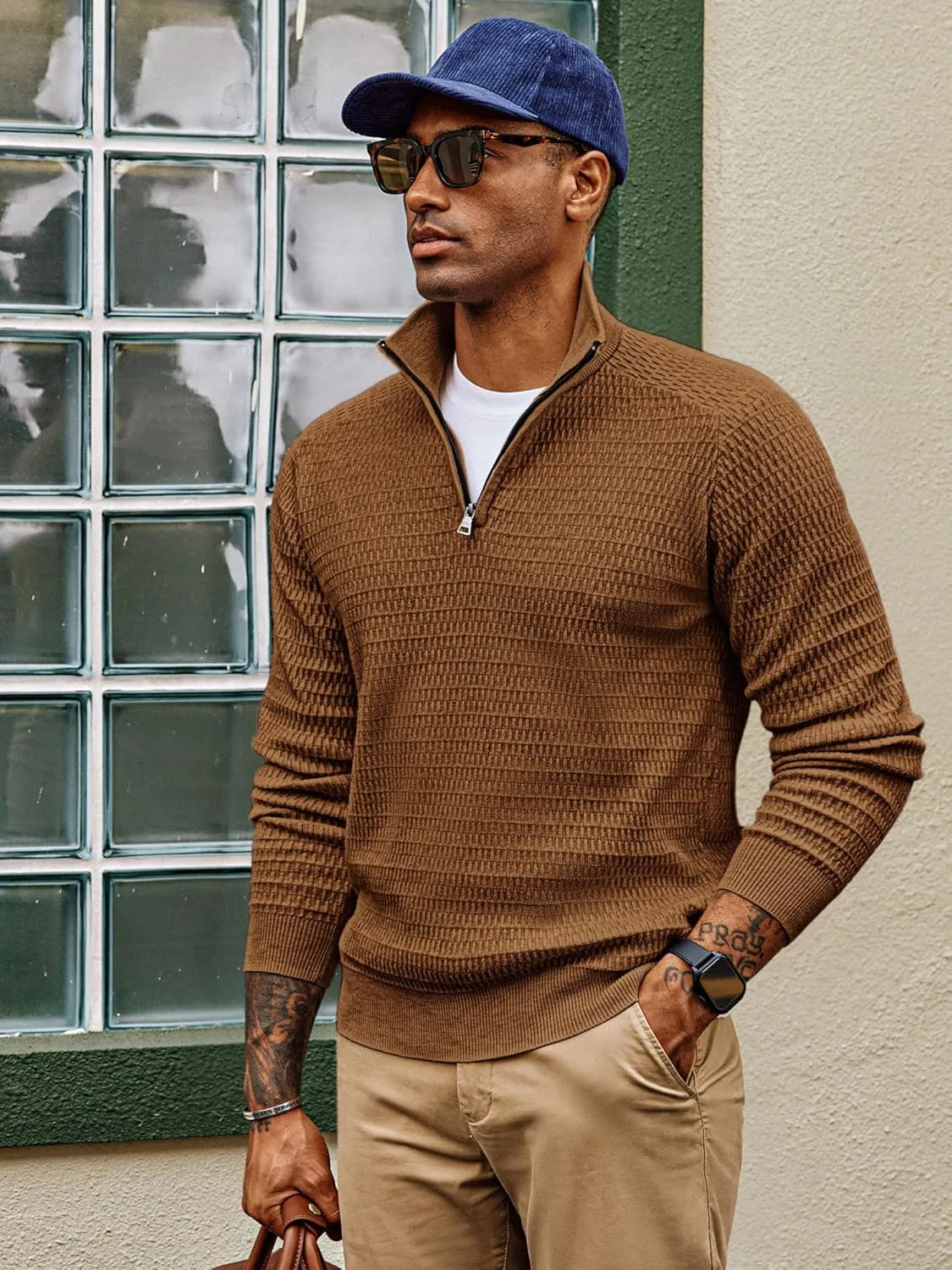 PJ PAUL JONES Men's Quarter Zip Sweaters Slim Fit Long Sleeve Casual Pullover Sweater Knit Textured Mock Neck Polo Sweaters