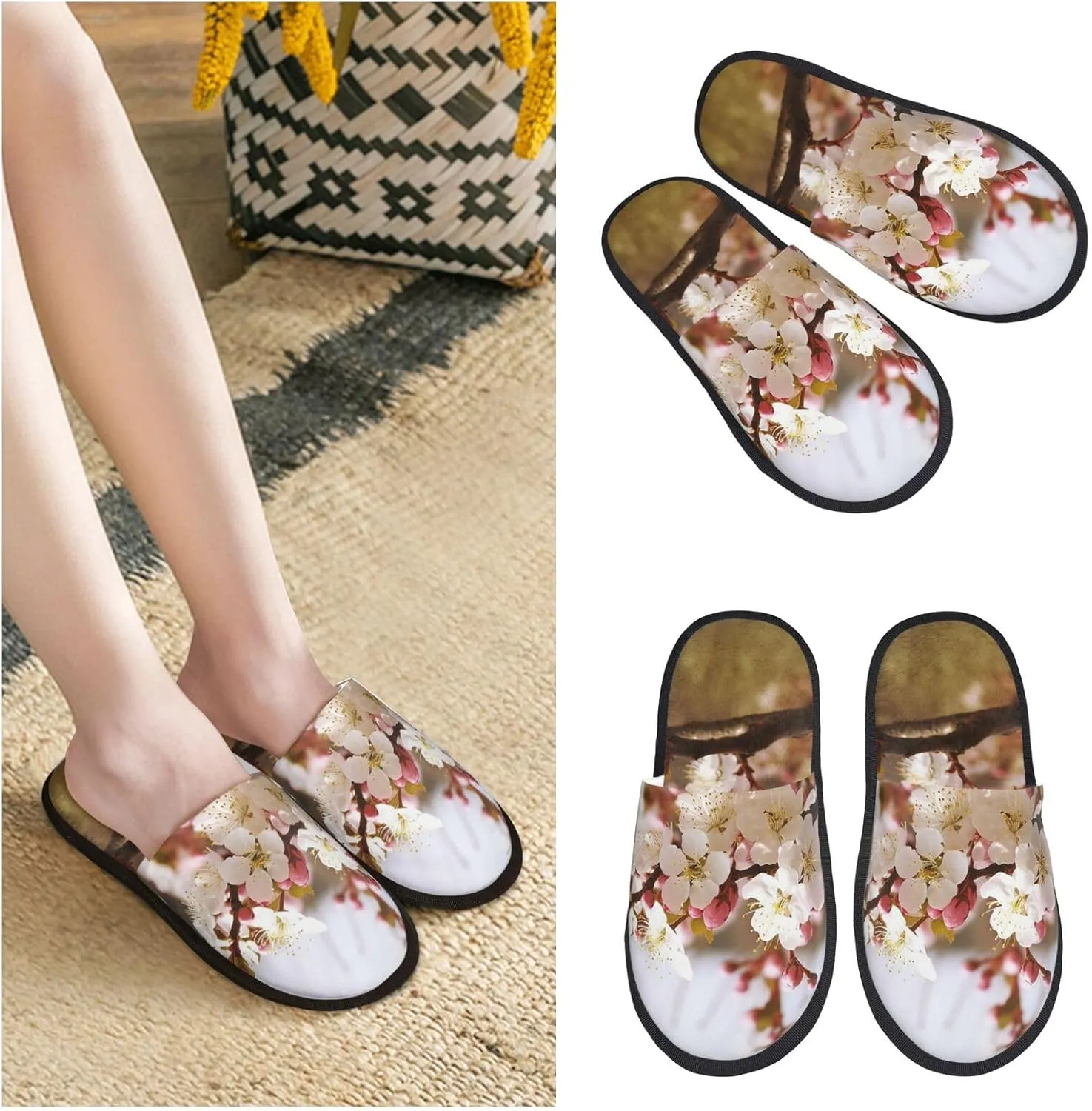 Plum Tree Blossom Women's Slippers Fuzzy Slip-on Slippers Non-slip House Slippers Warm Cozy Bedroom Shoes