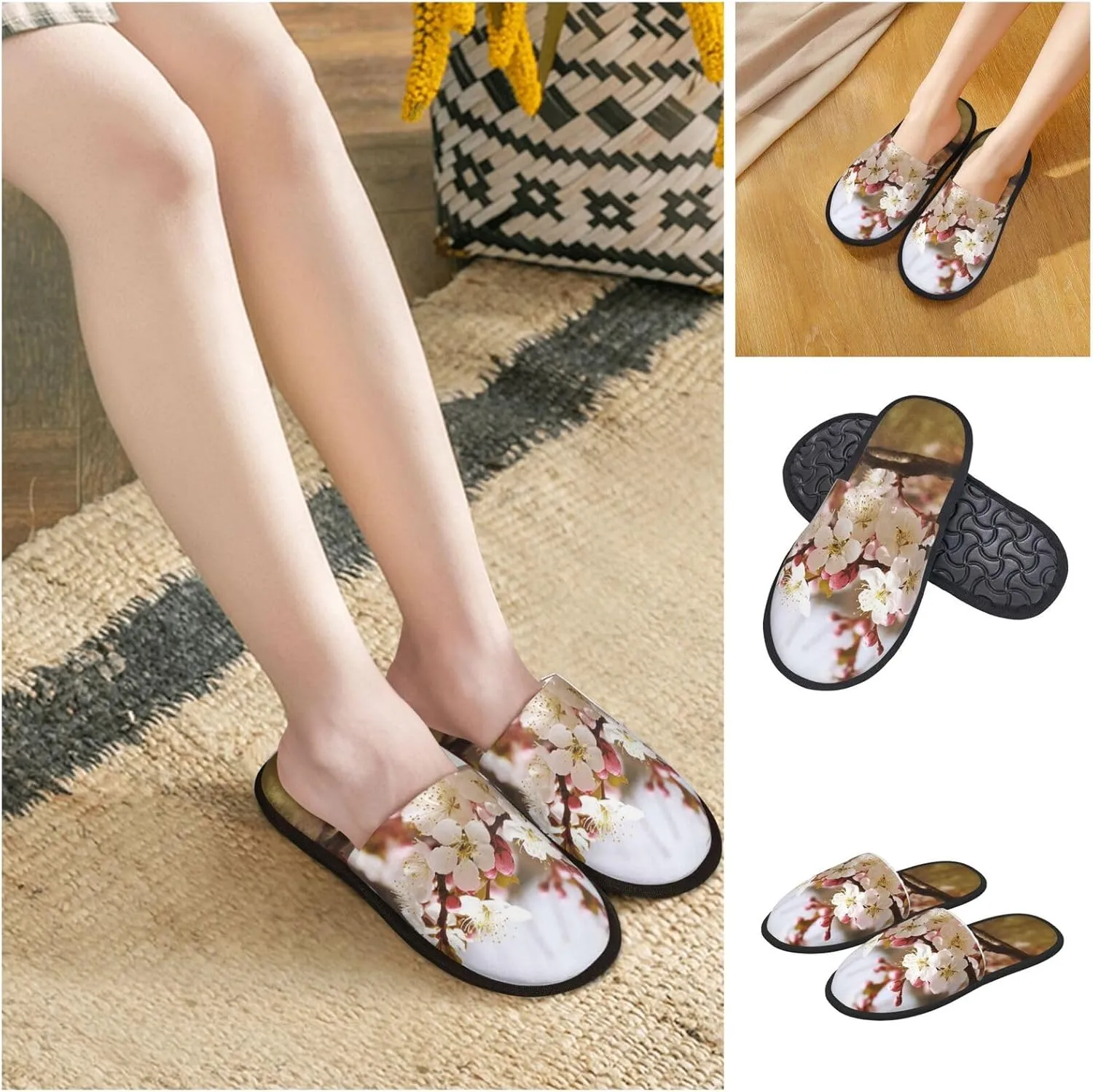 Plum Tree Blossom Women's Slippers Fuzzy Slip-on Slippers Non-slip House Slippers Warm Cozy Bedroom Shoes
