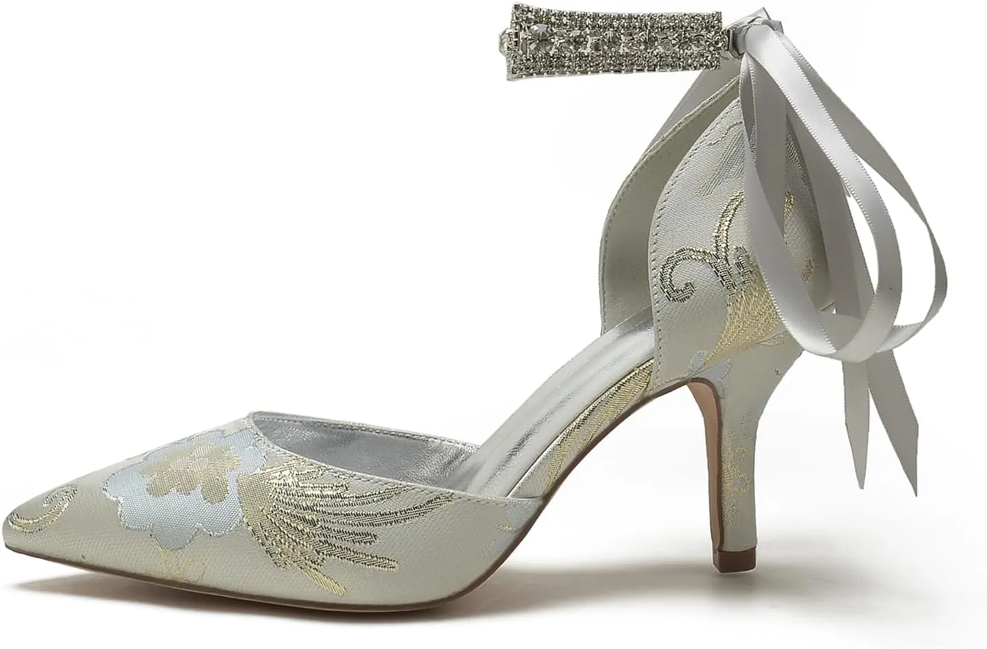 Pointed Toe Women Rhinestone Buckle Bridal Silk Wedding Shoes Satin Pumps High Heel Prom Shoes