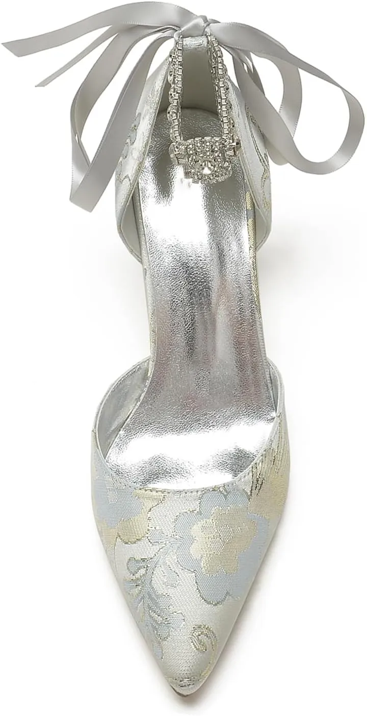 Pointed Toe Women Rhinestone Buckle Bridal Silk Wedding Shoes Satin Pumps High Heel Prom Shoes