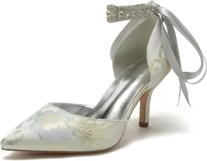 Pointed Toe Women Rhinestone Buckle Bridal Silk Wedding Shoes Satin Pumps High Heel Prom Shoes