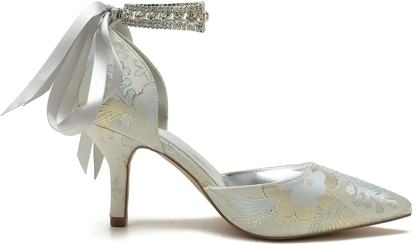 Pointed Toe Women Rhinestone Buckle Bridal Silk Wedding Shoes Satin Pumps High Heel Prom Shoes