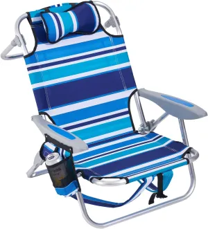 Portable Beach Chair for Adults, Outdoor Lightweight Camping Chair Lay Flat Folding Backpack Beach Reclining Chair with 4 Positions, Headrest, Cooler Pouch, Cup Holder