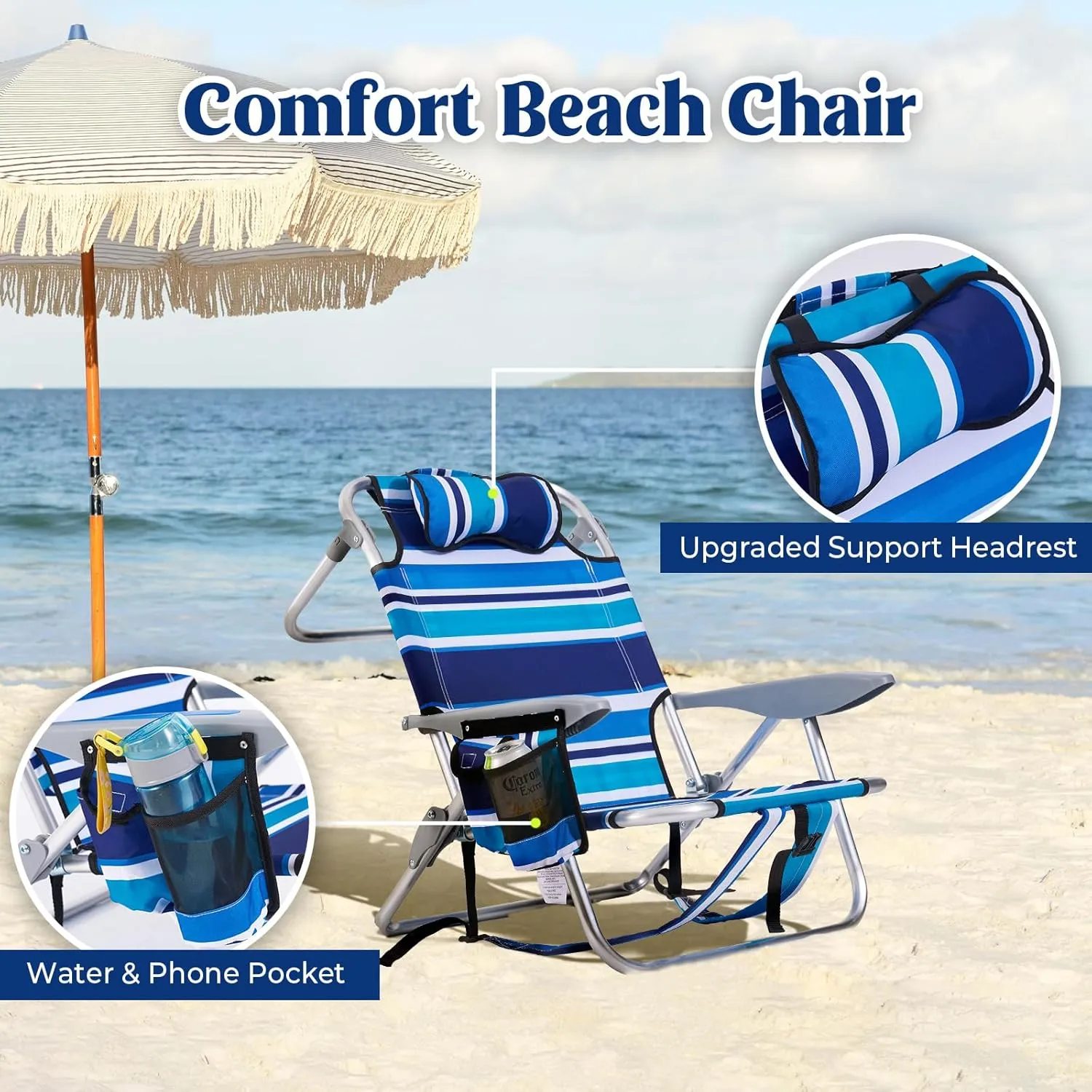 Portable Beach Chair for Adults, Outdoor Lightweight Camping Chair Lay Flat Folding Backpack Beach Reclining Chair with 4 Positions, Headrest, Cooler Pouch, Cup Holder