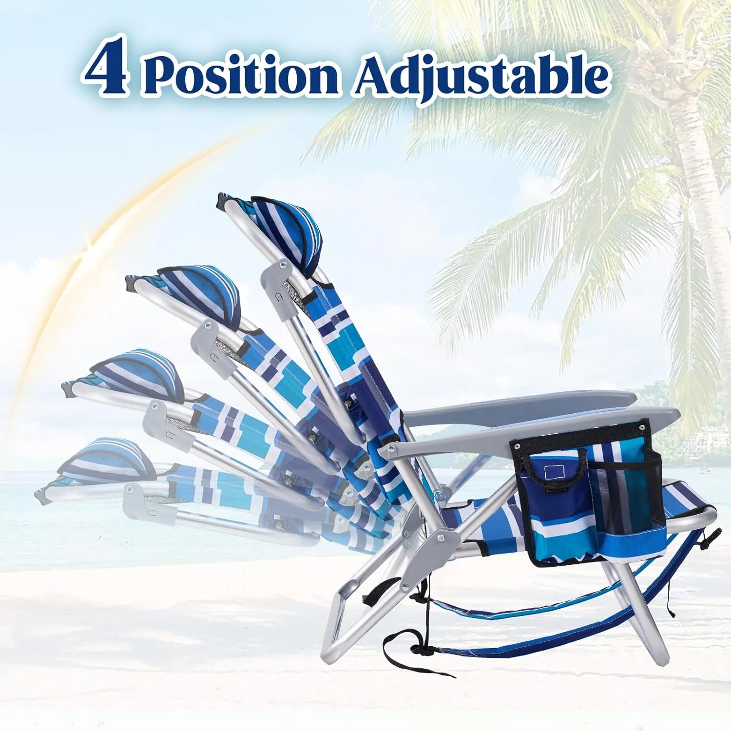 Portable Beach Chair for Adults, Outdoor Lightweight Camping Chair Lay Flat Folding Backpack Beach Reclining Chair with 4 Positions, Headrest, Cooler Pouch, Cup Holder