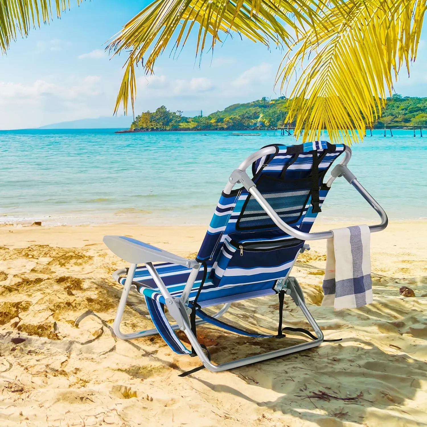 Portable Beach Chair for Adults, Outdoor Lightweight Camping Chair Lay Flat Folding Backpack Beach Reclining Chair with 4 Positions, Headrest, Cooler Pouch, Cup Holder