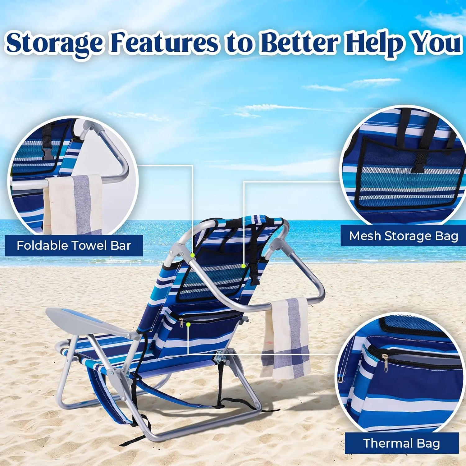 Portable Beach Chair for Adults, Outdoor Lightweight Camping Chair Lay Flat Folding Backpack Beach Reclining Chair with 4 Positions, Headrest, Cooler Pouch, Cup Holder