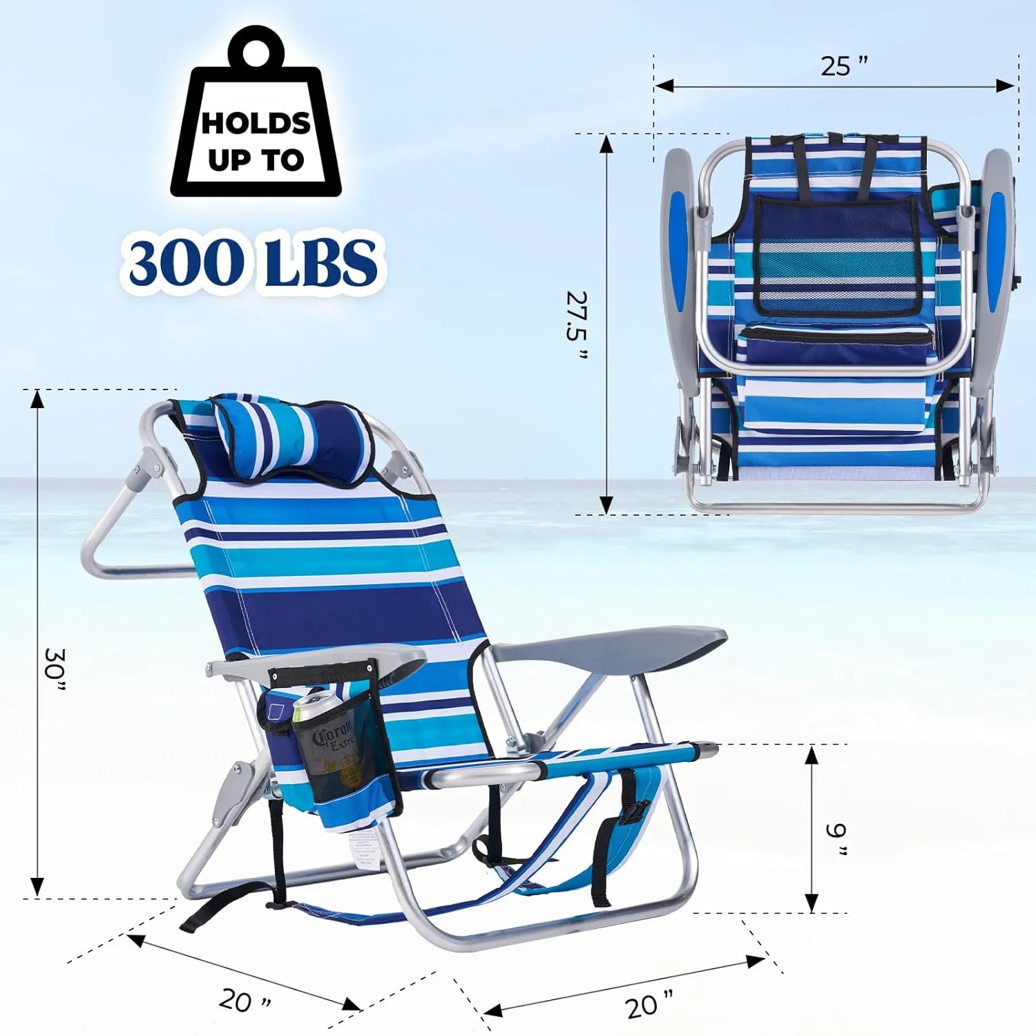 Portable Beach Chair for Adults, Outdoor Lightweight Camping Chair Lay Flat Folding Backpack Beach Reclining Chair with 4 Positions, Headrest, Cooler Pouch, Cup Holder