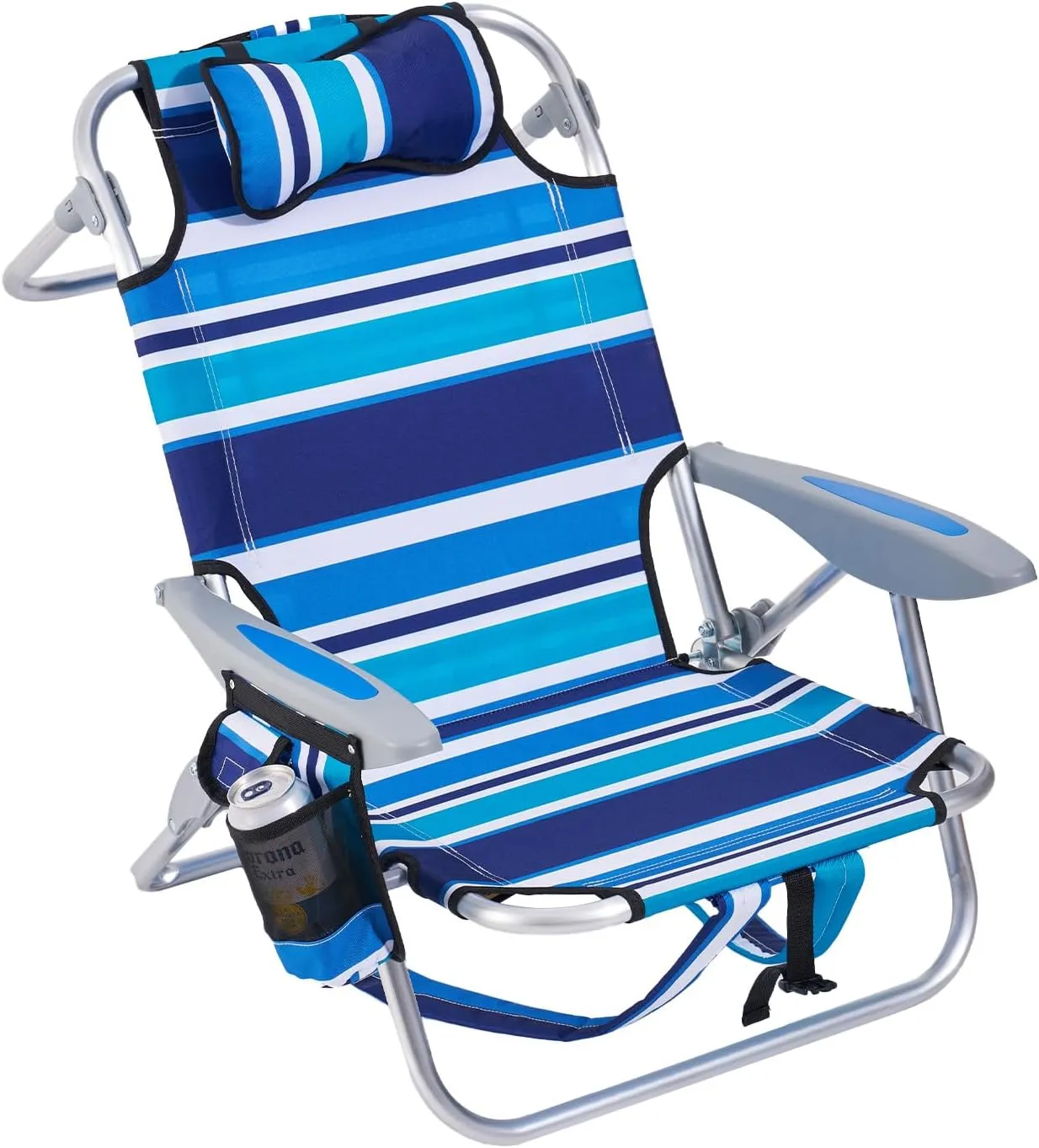 Portable Beach Chair for Adults, Outdoor Lightweight Camping Chair Lay Flat Folding Backpack Beach Reclining Chair with 4 Positions, Headrest, Cooler Pouch, Cup Holder