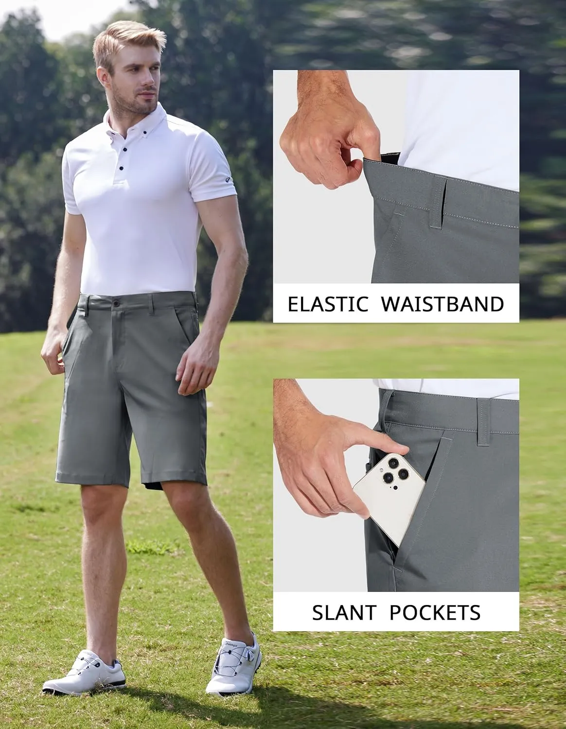 PULI Men's Stretch Golf Short Quick Dry Dress Casual Lightweight Flat Front 10" Summer Hybrid Shorts with Pockets