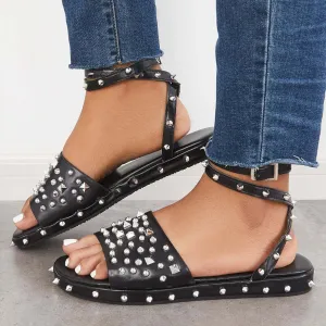 Punk Sandals Strap Sandals Gothic Buckle Strappy Limited supply Exclusive promotion Black Studded Flat