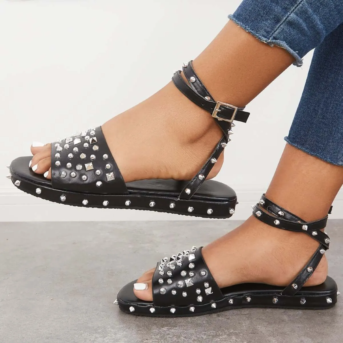 Punk Sandals Strap Sandals Gothic Buckle Strappy Limited supply Exclusive promotion Black Studded Flat