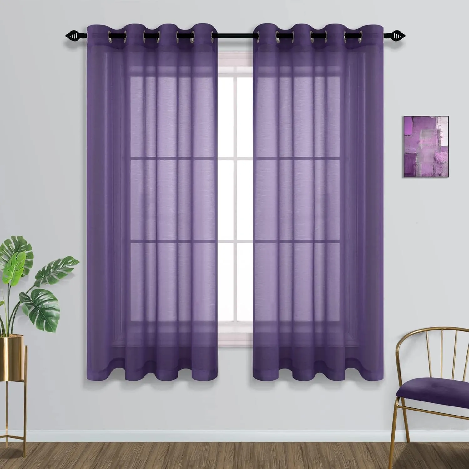 Purple Sheer Curtains 63 Inches Long for Girls Kids Bedroom Grommet Violet Plum Royal Dark Purple Curtain Window Voile Drapes for Living Room Women Decorations 63 Inch Length Set 2 Panels