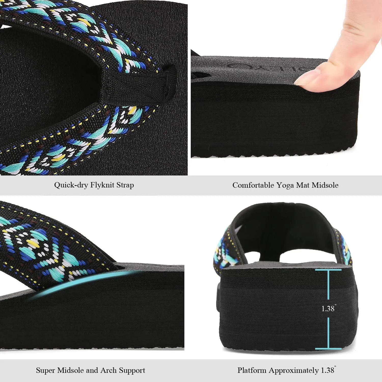 QLEYO Women's Platform Flip Flop with Arch Support, Comfortable Yoga Mat Wedge Flip-Flops, Athletic Walking Thong Slippers for Vacation/Shopping Mall/Wandering/Gathering