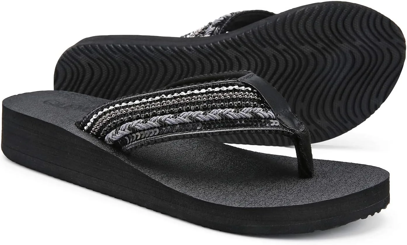 QLEYO Women's Platform Flip Flop with Arch Support, Comfortable Yoga Mat Wedge Flip-Flops, Athletic Walking Thong Slippers for Vacation/Shopping Mall/Wandering/Gathering