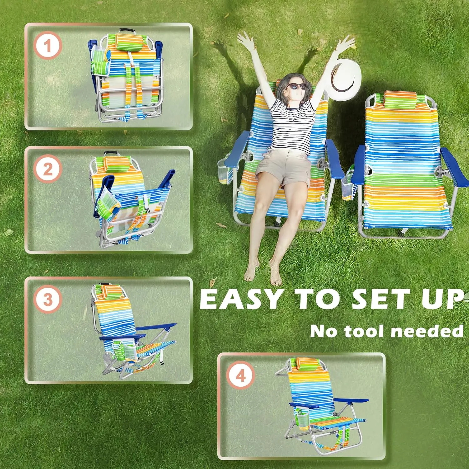 Rainbow Beach Chair for Adults | Folding | Heavy Duty | Adjustable Lay Flat, Lightweight | Outdoor