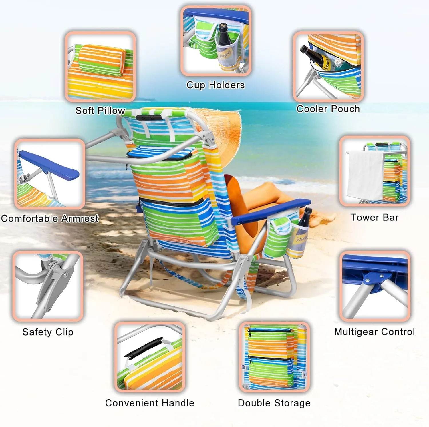 Rainbow Beach Chair for Adults | Folding | Heavy Duty | Adjustable Lay Flat, Lightweight | Outdoor