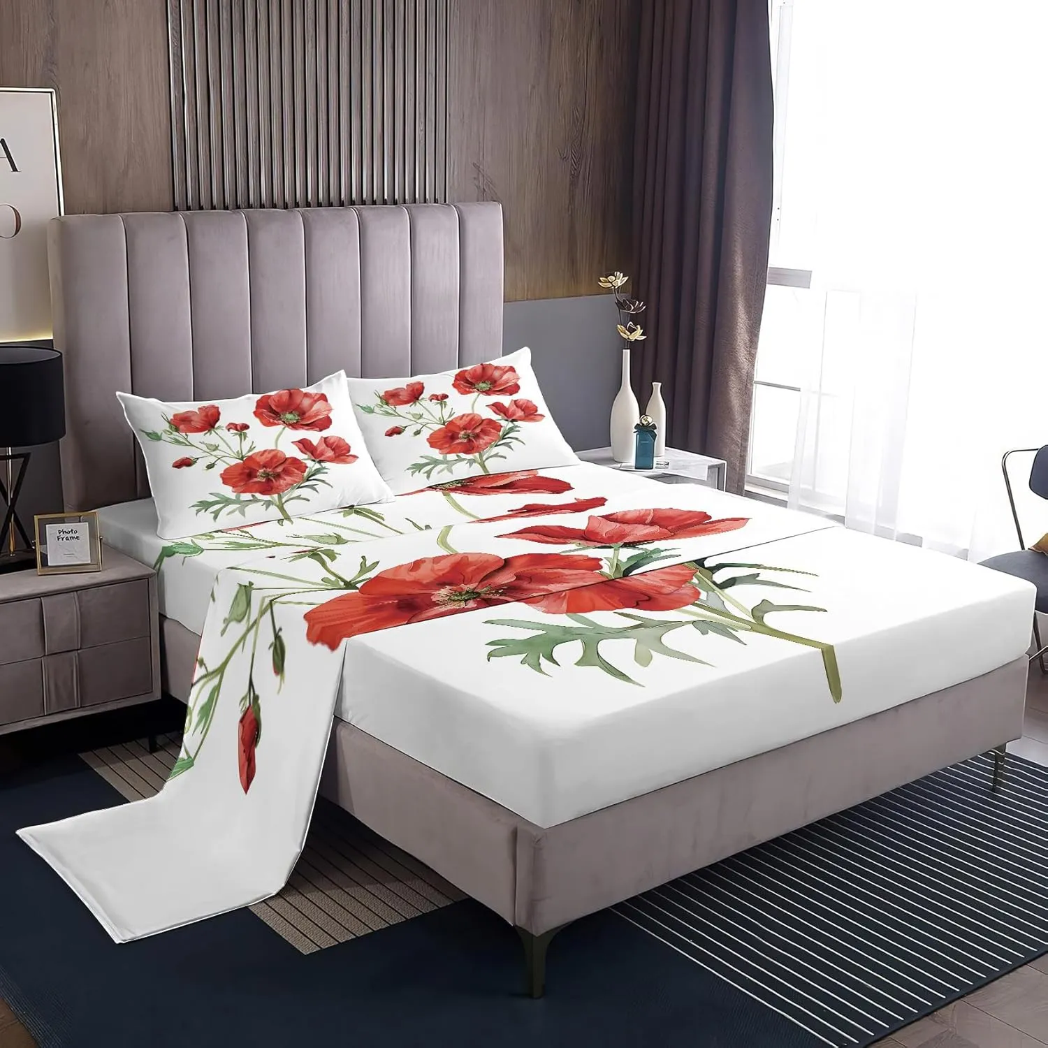 Red Poppy Sheets Split King Size Sheet Set, Floral Printed Bed Sheets 5 Piece, Popies Flower Pattern Bedding Sheets & Pillowcases, 16 Inch Deep Pocket, Super Soft Microfiber