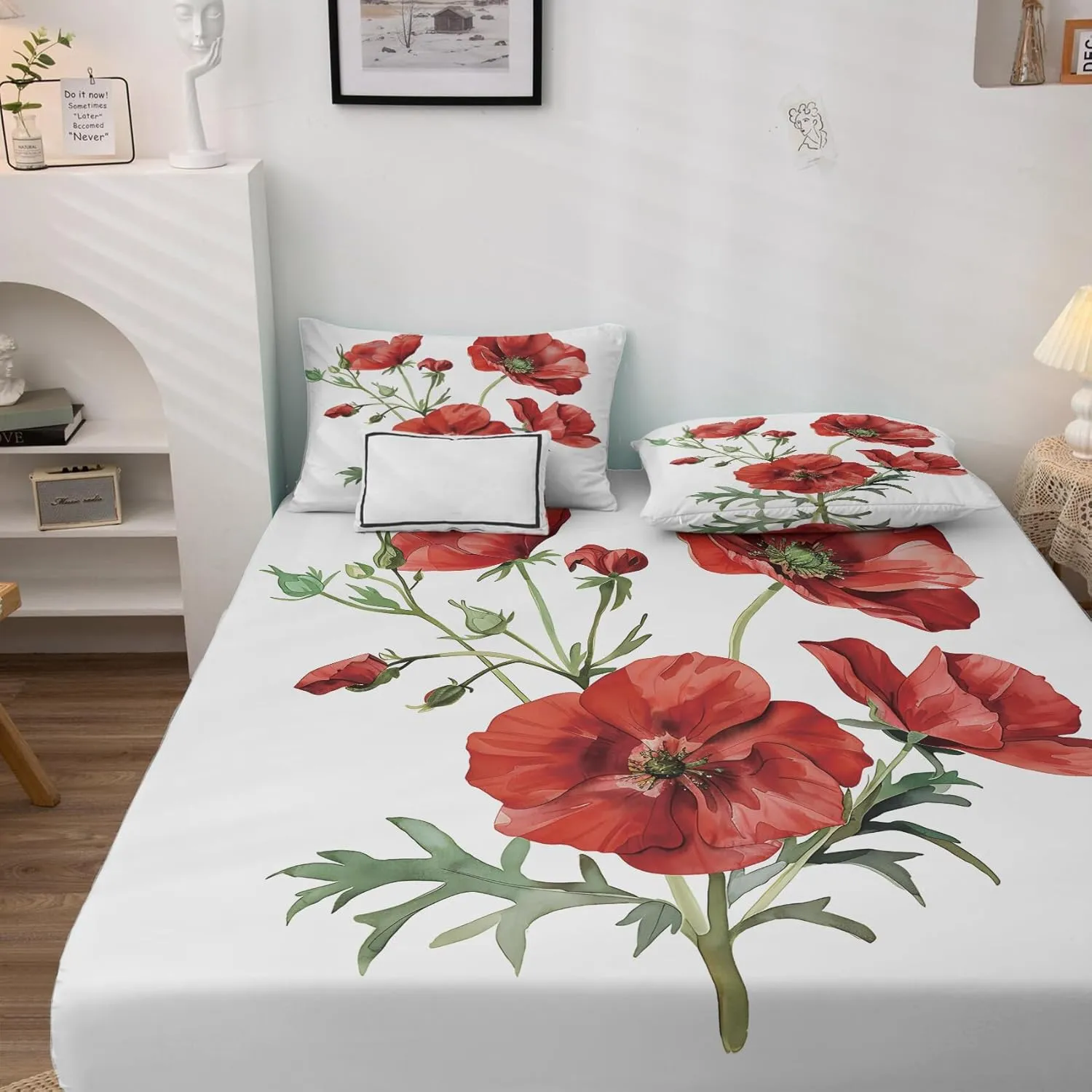 Red Poppy Sheets Split King Size Sheet Set, Floral Printed Bed Sheets 5 Piece, Popies Flower Pattern Bedding Sheets & Pillowcases, 16 Inch Deep Pocket, Super Soft Microfiber