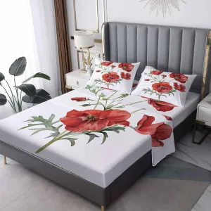 Red Poppy Sheets Split King Size Sheet Set, Floral Printed Bed Sheets 5 Piece, Popies Flower Pattern Bedding Sheets & Pillowcases, 16 Inch Deep Pocket, Super Soft Microfiber
