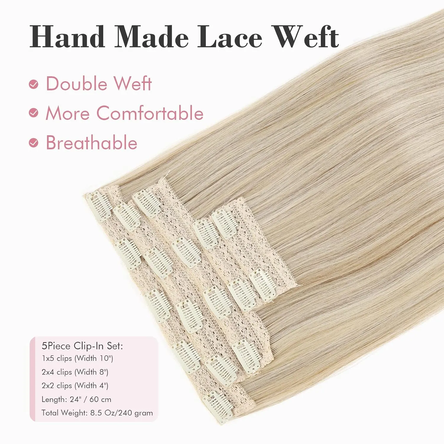REECHO Clip in Hair Extensions, Hair Extensions Thick Long Lace Weft Lightweight Synthetic Hairpieces for Women (24 Inch-240 Gram(Pack of 5), Dark Ash Blonde)