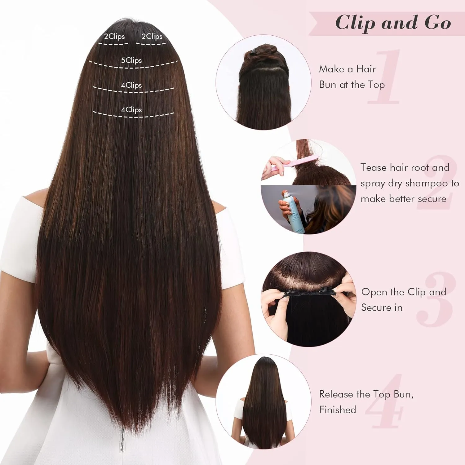 REECHO Clip in Hair Extensions, Hair Extensions Thick Long Lace Weft Lightweight Synthetic Hairpieces for Women (24 Inch-240 Gram(Pack of 5), Dark Ash Blonde)