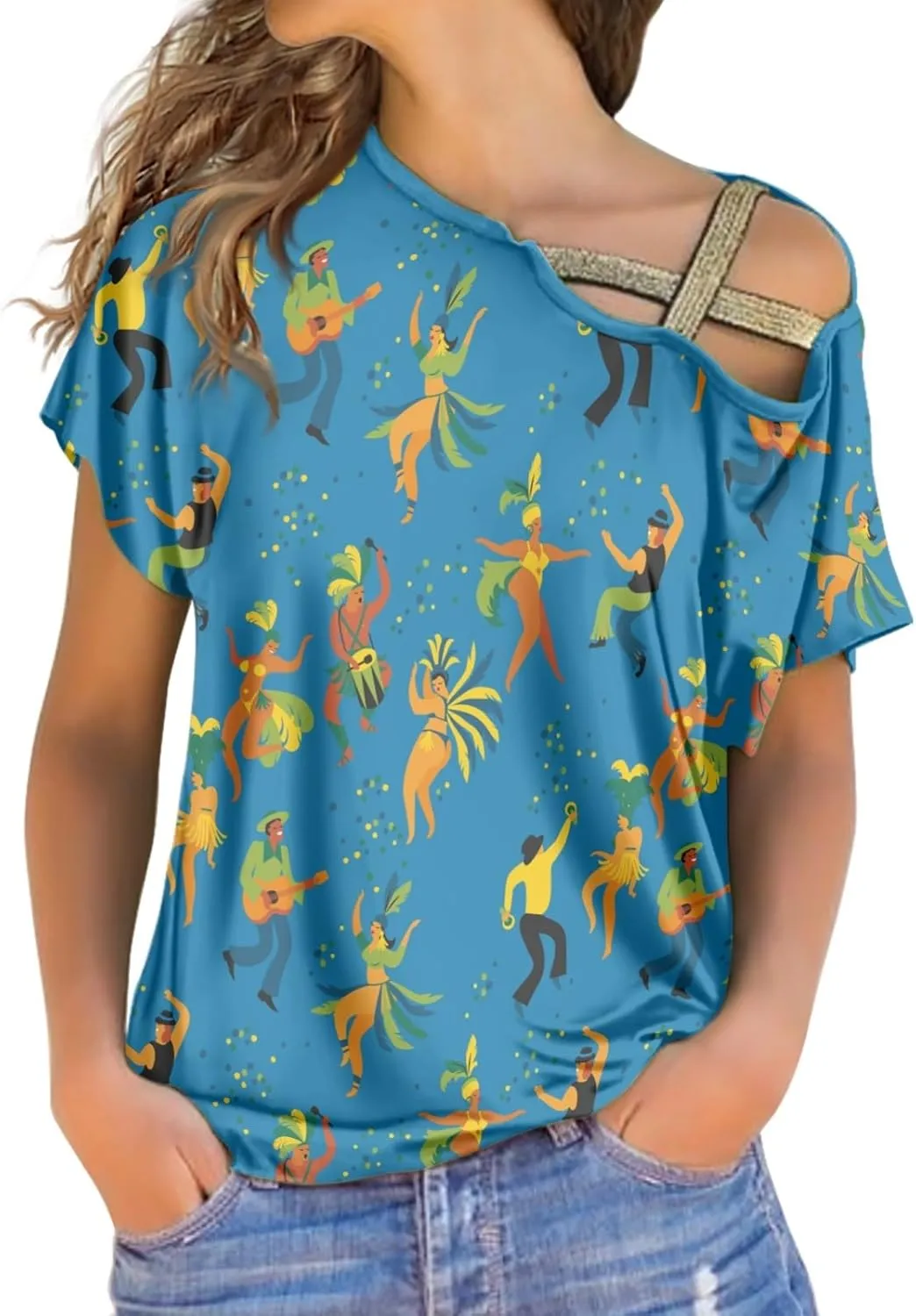 Retro UK Postage Stamp Criss-Cross One Shoulder Tops Sexy Cold Shoulder Shirts Short Sleeve T-Shirts Loose Casual Tees