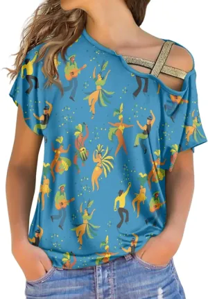 Retro UK Postage Stamp Criss-Cross One Shoulder Tops Sexy Cold Shoulder Shirts Short Sleeve T-Shirts Loose Casual Tees
