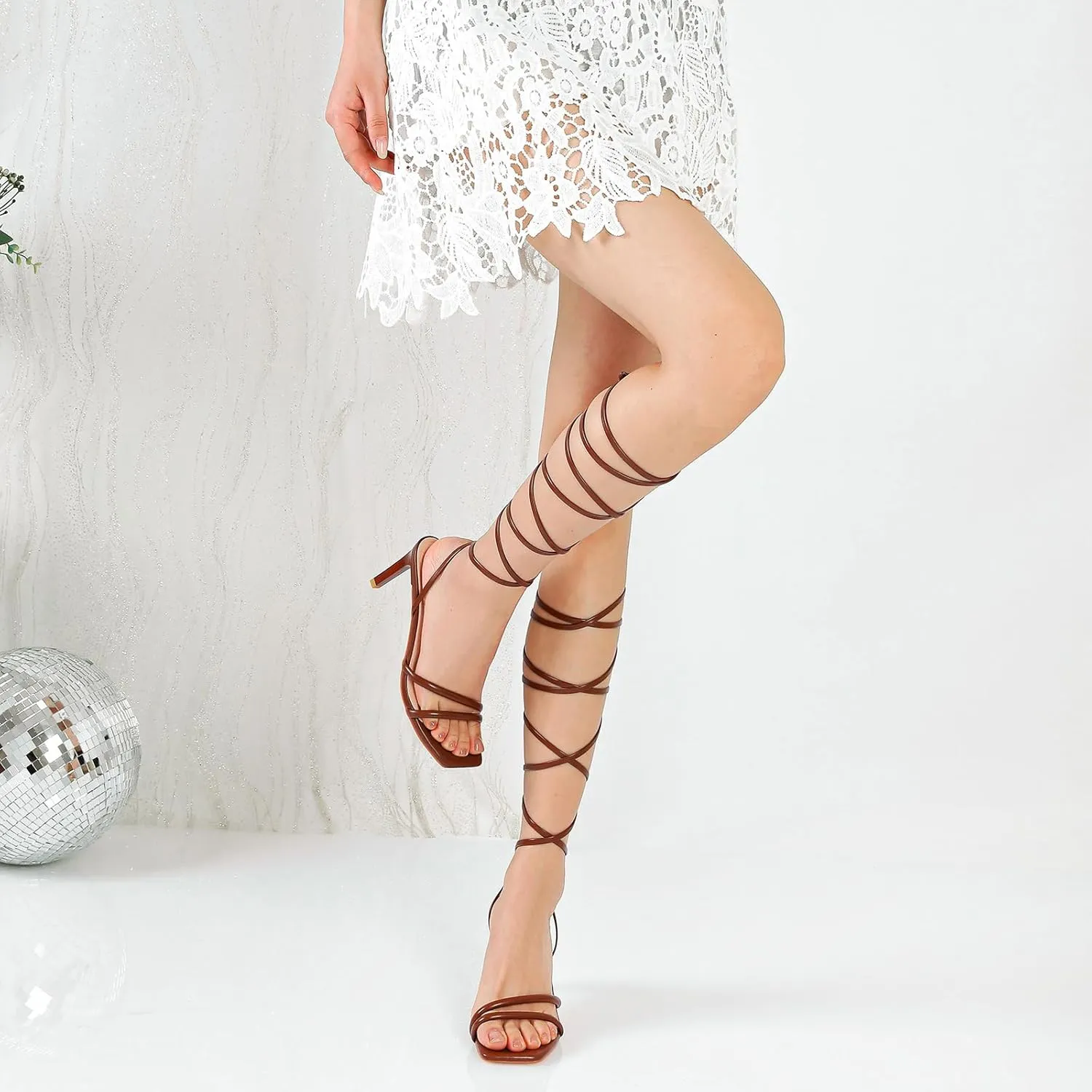 RIBONGZ Strappy Heels for Women Square Open Toe Tie Up Sandals Ankle Strap Lace Up Stiletto High Heels Sexy for Wedding Prom Party Comfort Dress Shoes