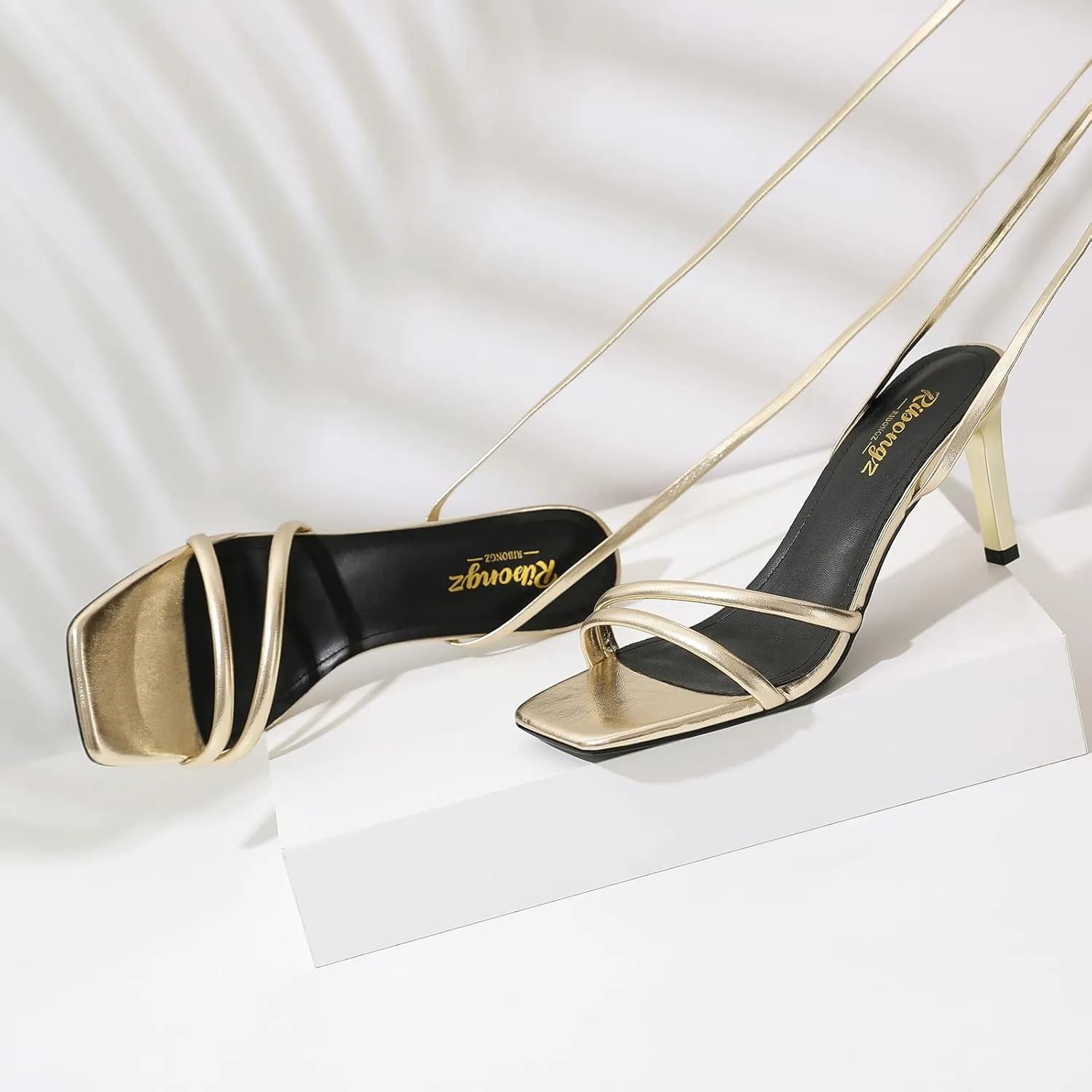 RIBONGZ Strappy Heels for Women Square Open Toe Tie Up Sandals Ankle Strap Lace Up Stiletto High Heels Sexy for Wedding Prom Party Comfort Dress Shoes
