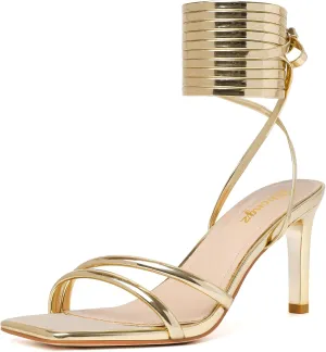 RIBONGZ Strappy Heels for Women Square Open Toe Tie Up Sandals Ankle Strap Lace Up Stiletto High Heels Sexy for Wedding Prom Party Comfort Dress Shoes