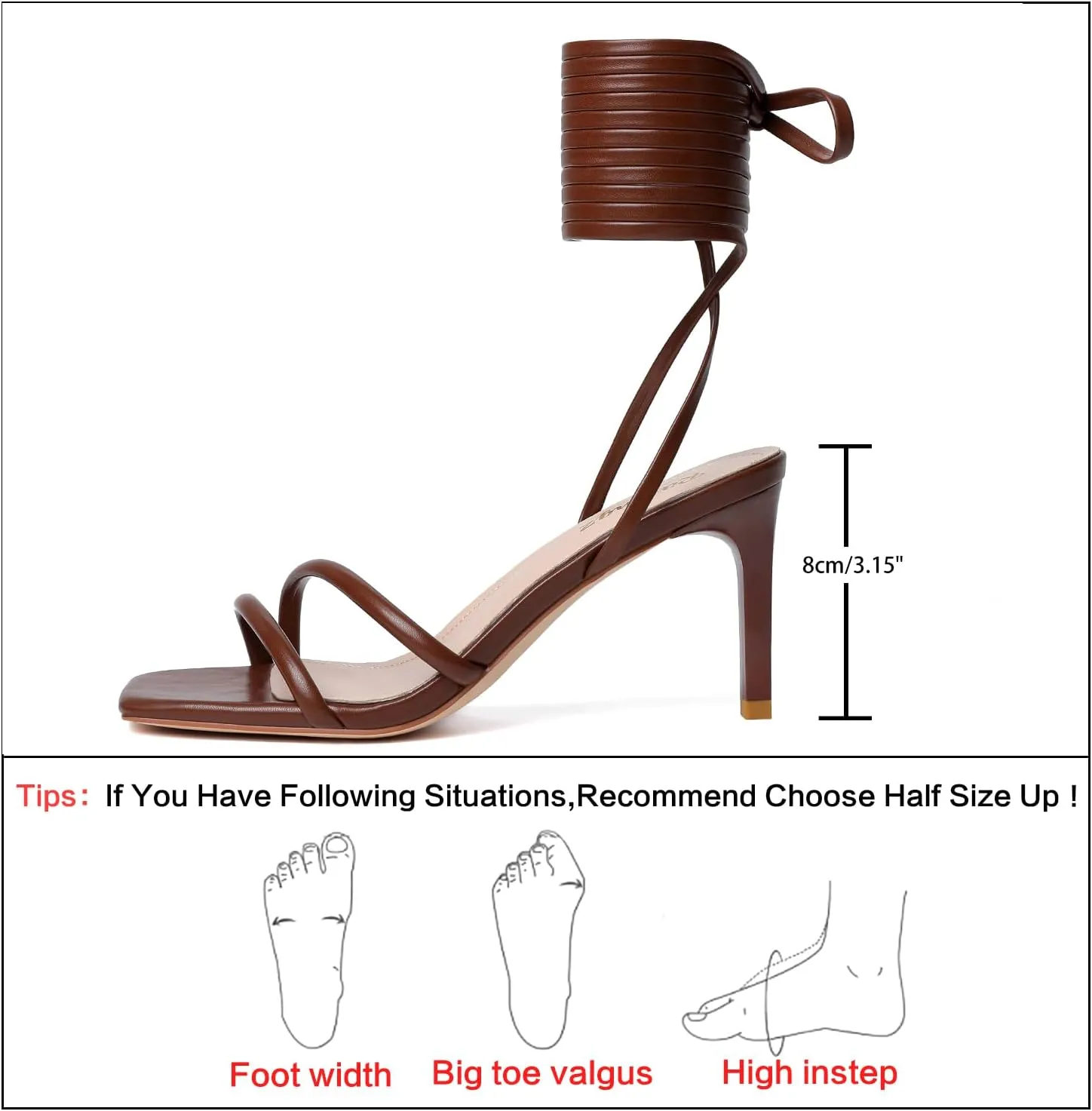 RIBONGZ Strappy Heels for Women Square Open Toe Tie Up Sandals Ankle Strap Lace Up Stiletto High Heels Sexy for Wedding Prom Party Comfort Dress Shoes
