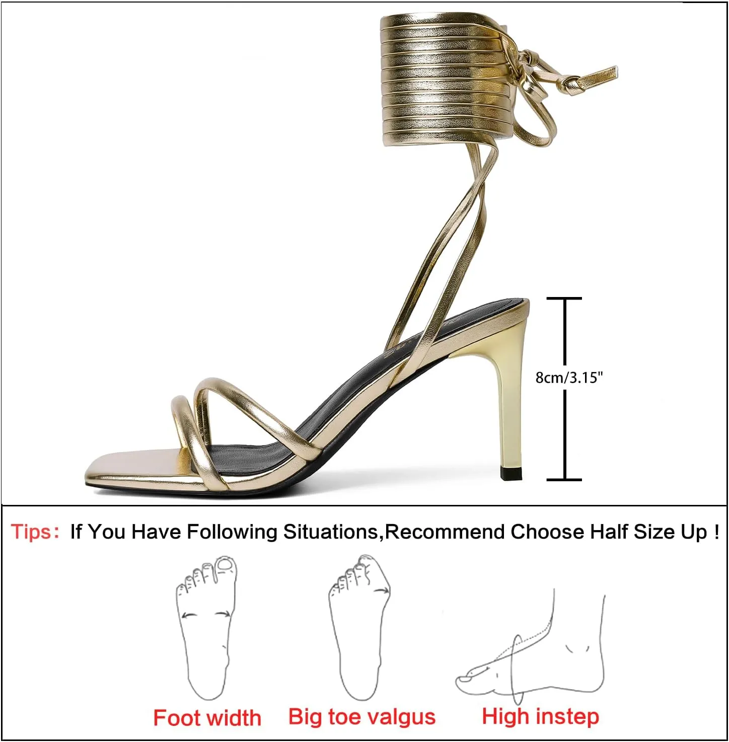 RIBONGZ Strappy Heels for Women Square Open Toe Tie Up Sandals Ankle Strap Lace Up Stiletto High Heels Sexy for Wedding Prom Party Comfort Dress Shoes
