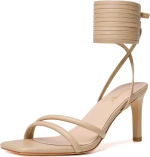 RIBONGZ Strappy Heels for Women Square Open Toe Tie Up Sandals Ankle Strap Lace Up Stiletto High Heels Sexy for Wedding Prom Party Comfort Dress Shoes