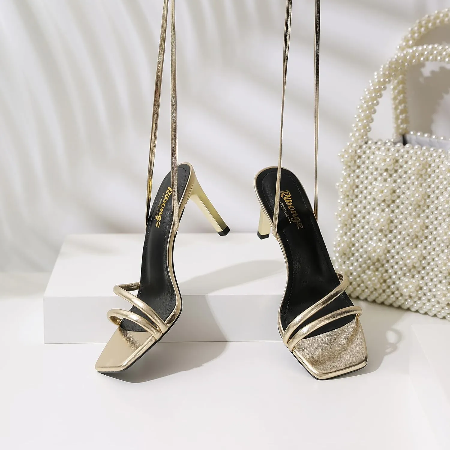 RIBONGZ Strappy Heels for Women Square Open Toe Tie Up Sandals Ankle Strap Lace Up Stiletto High Heels Sexy for Wedding Prom Party Comfort Dress Shoes