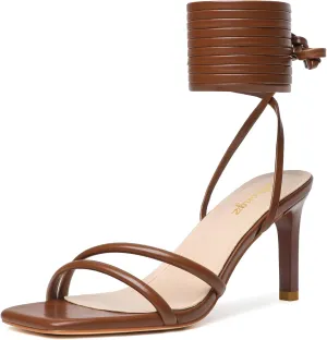 RIBONGZ Strappy Heels for Women Square Open Toe Tie Up Sandals Ankle Strap Lace Up Stiletto High Heels Sexy for Wedding Prom Party Comfort Dress Shoes
