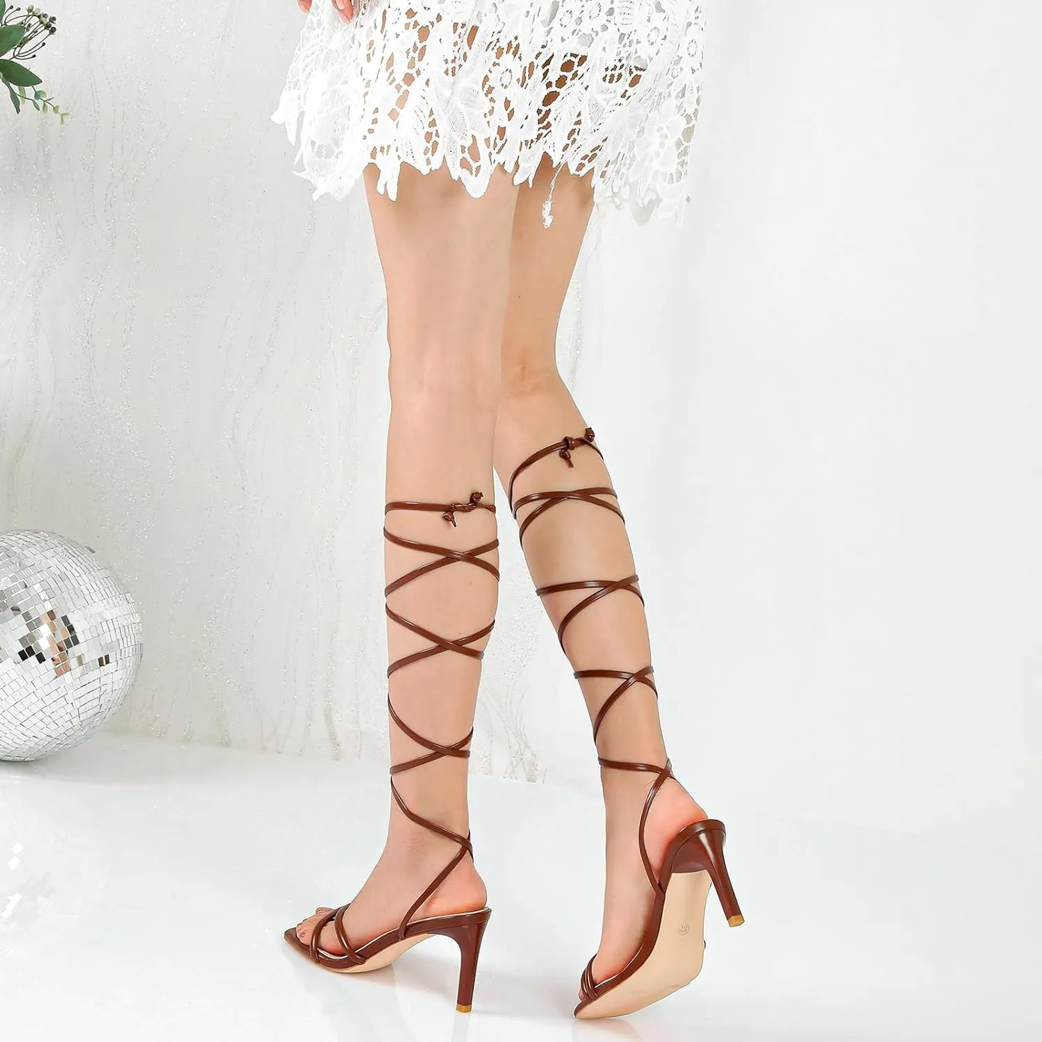 RIBONGZ Strappy Heels for Women Square Open Toe Tie Up Sandals Ankle Strap Lace Up Stiletto High Heels Sexy for Wedding Prom Party Comfort Dress Shoes