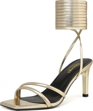 RIBONGZ Strappy Heels for Women Square Open Toe Tie Up Sandals Ankle Strap Lace Up Stiletto High Heels Sexy for Wedding Prom Party Comfort Dress Shoes